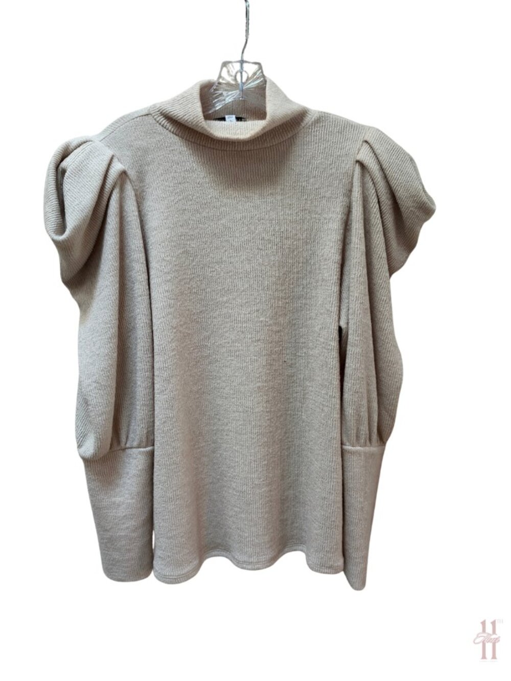 Express Sweater Beige Turtleneck Puff Shoulder Ribbed Bishop Sleeve - Large